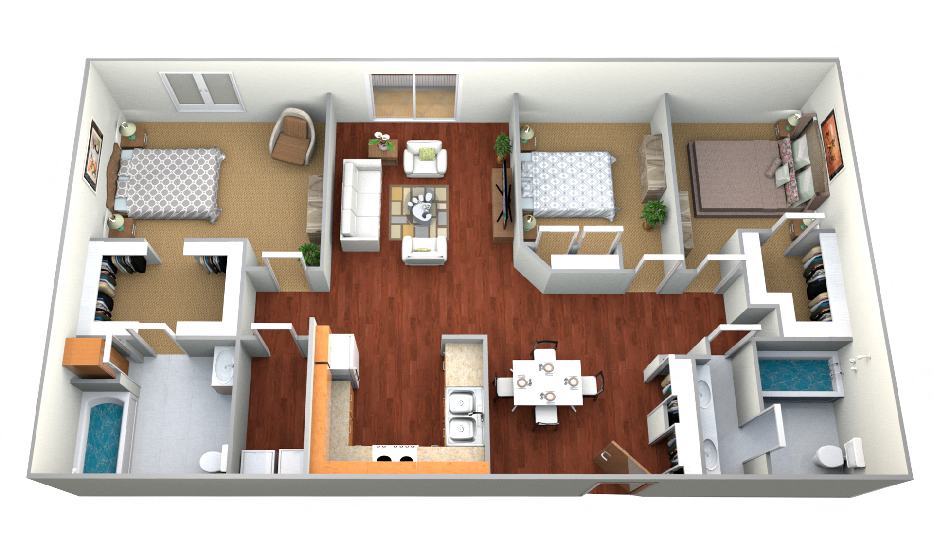 Floor plan for 3 beds, 2 baths, 1300 sqft